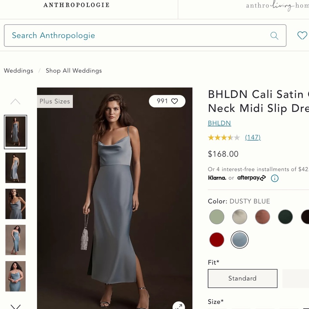 BHLDN Cali Satin dusty blue size zero midi ( Anthropologie)